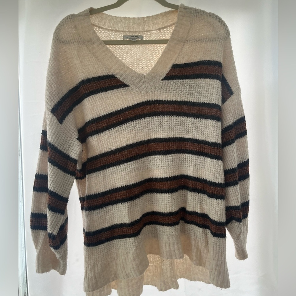 Cozy Striped V-Neck Sweater Cream Brown & Black Stripes American Eagle Medium